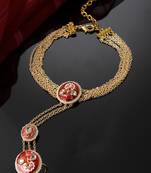Red & gold adjustable hathphool with kundan &  pearls