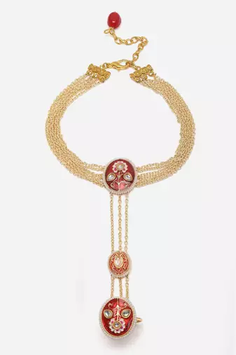 Red & gold adjustable hathphool with kundan &  pearls