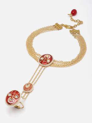 Red & gold adjustable hathphool with kundan &  pearls 4