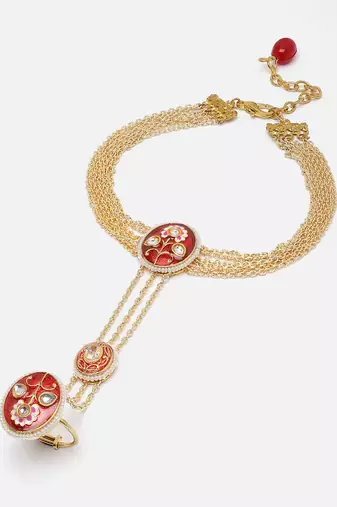 Red & gold adjustable hathphool with kundan &  pearls
