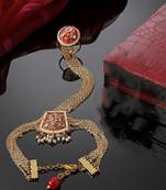 Red & gold adjustable hathphool with kundan &  pearls