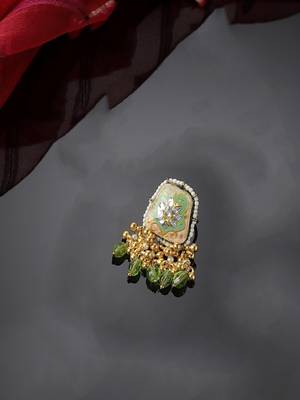 Green & gold adjustable ring with kundan &  pearls 1