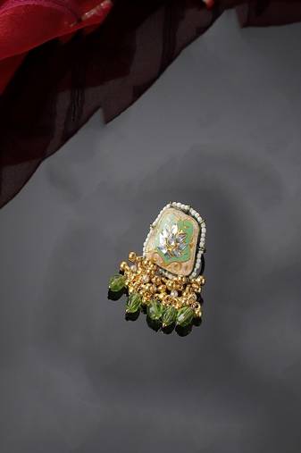 Green & gold adjustable ring with kundan &  pearls