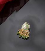 Green & gold adjustable ring with kundan &  pearls