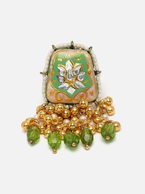 Green & gold adjustable ring with kundan &  pearls 3