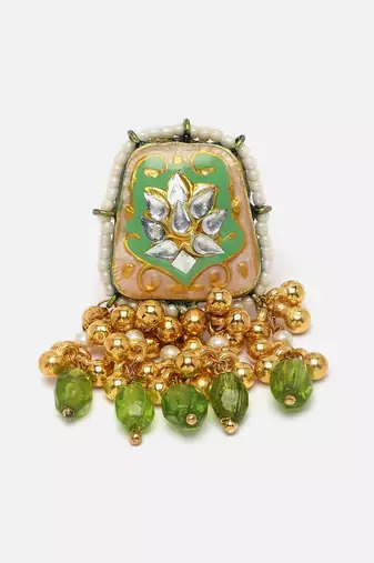 Green & gold adjustable ring with kundan &  pearls