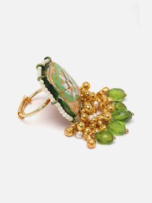 Green & gold adjustable ring with kundan &  pearls 4
