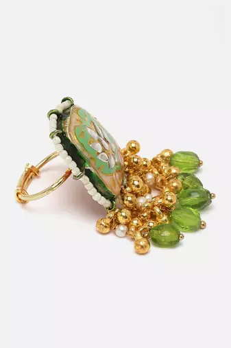 Green & gold adjustable ring with kundan &  pearls