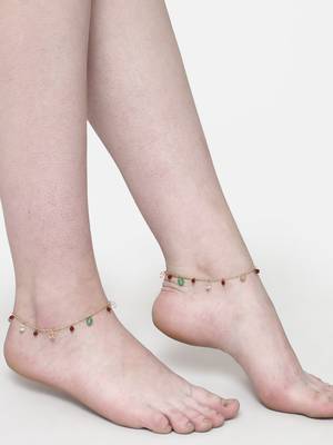 Green & peach adjustable anklet with kundan &  pearls 1