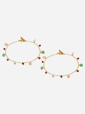 Green & peach adjustable anklet with kundan &  pearls 3