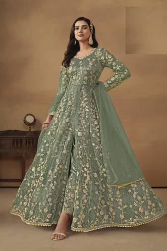 GREEN NET EMBROIDERED ANARKALI SALWAR KAMEEZ
