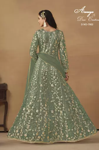 GREEN NET EMBROIDERED ANARKALI SALWAR KAMEEZ