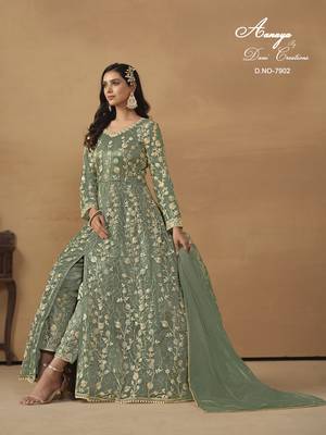 GREEN NET EMBROIDERED ANARKALI SALWAR KAMEEZ 3