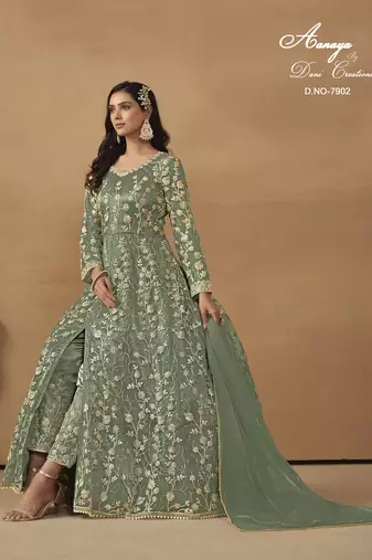 GREEN NET EMBROIDERED ANARKALI SALWAR KAMEEZ