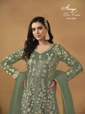 GREEN NET EMBROIDERED ANARKALI SALWAR KAMEEZ 4