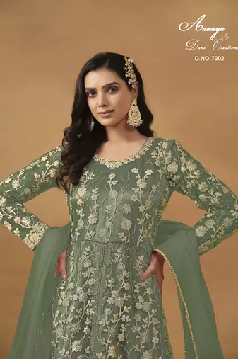 GREEN NET EMBROIDERED ANARKALI SALWAR KAMEEZ