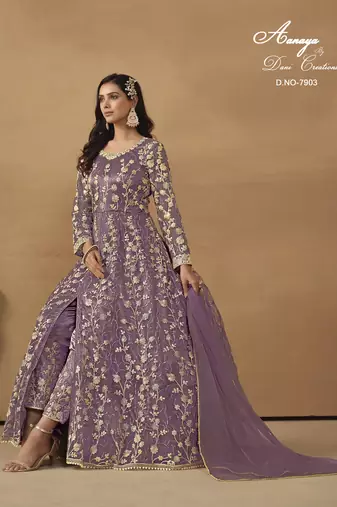LAVANDER NET EMBROIDERED ANARKALI SALWAR KAMEEZ