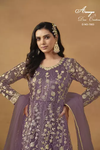 LAVANDER NET EMBROIDERED ANARKALI SALWAR KAMEEZ