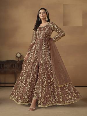 BROWN NET EMBROIDERED ANARKALI SALWAR KAMEEZ 1