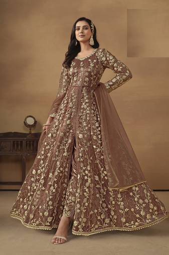 BROWN NET EMBROIDERED ANARKALI SALWAR KAMEEZ