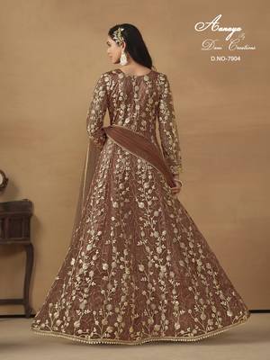 BROWN NET EMBROIDERED ANARKALI SALWAR KAMEEZ 2