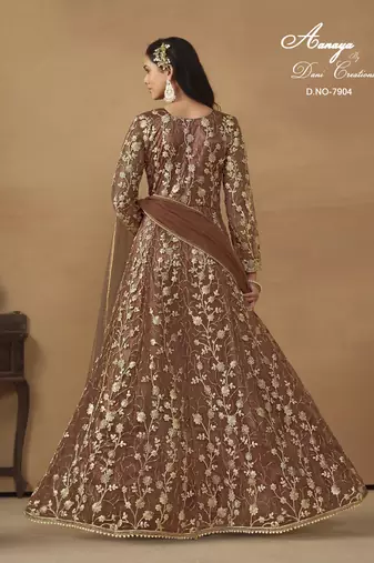 BROWN NET EMBROIDERED ANARKALI SALWAR KAMEEZ