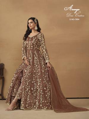 BROWN NET EMBROIDERED ANARKALI SALWAR KAMEEZ 3