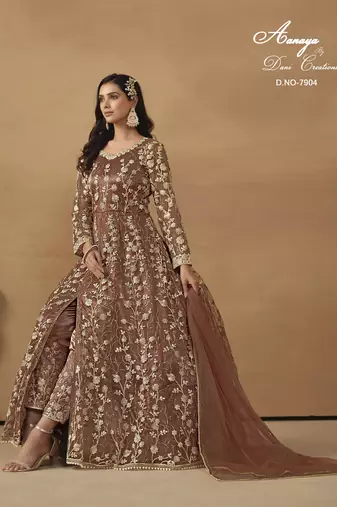 BROWN NET EMBROIDERED ANARKALI SALWAR KAMEEZ