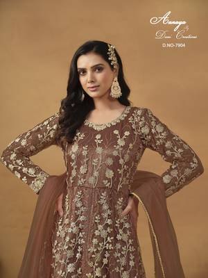 BROWN NET EMBROIDERED ANARKALI SALWAR KAMEEZ 4
