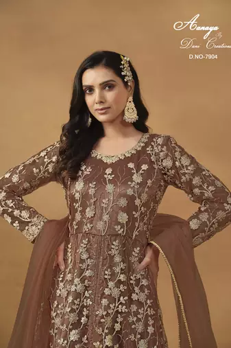 BROWN NET EMBROIDERED ANARKALI SALWAR KAMEEZ