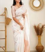 Indian Fashion Women Were  White Woven Jacquard, Pure Silk Kanjivaram Saree With Blouse
