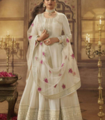 White Prachi Desai Silk Anarkali Gown For Women Festival Wear