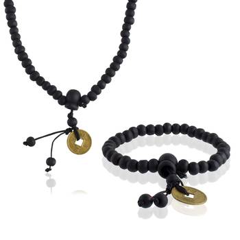Wooden vastu fengshui lucky coin necklace bracelet combo good luck men women 2