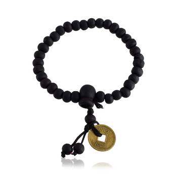 Wooden vastu fengshui lucky coin free size elastic bracelet good luck men women 2