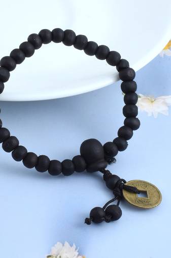 Wooden vastu fengshui lucky coin free size elastic bracelet good luck men women