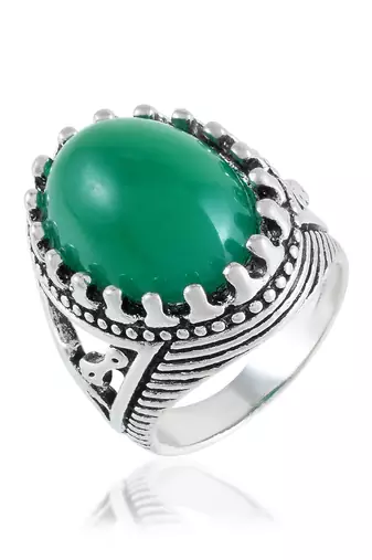 Brass silver green jade finger ring for good luck
