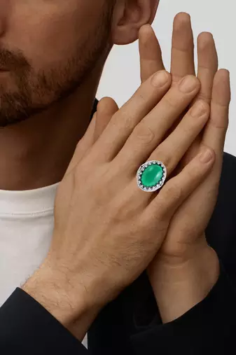 Brass silver green jade finger ring for good luck