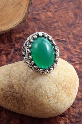 Brass silver green jade finger ring for good luck