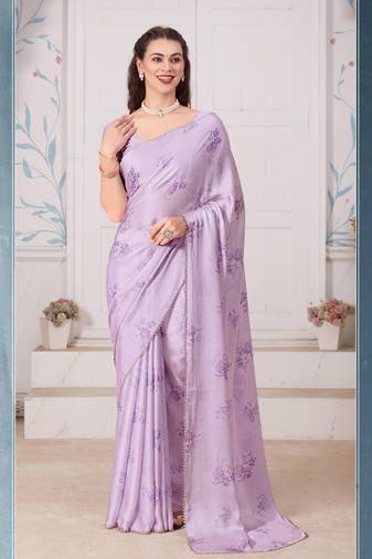 Lavender Zarkan Cut Work Hand Work Satin Saree