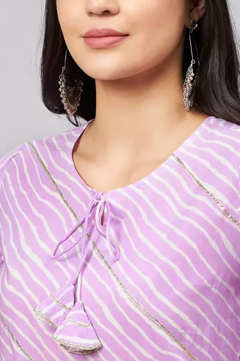 Winered women purple leheriya print with gota hanging straight kurta