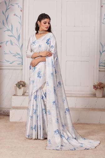 White Zarkan Cut Work Hand Work Satin Saree