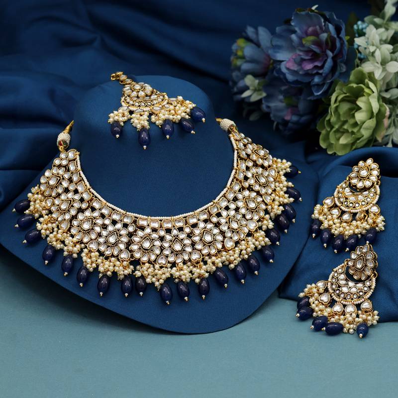 Navy blue color kundan necklace set Jaipur Mart 4337674