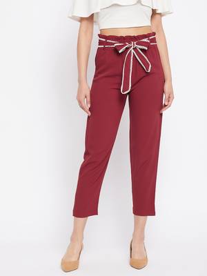 Winered women maroon trouser with lace belt 1