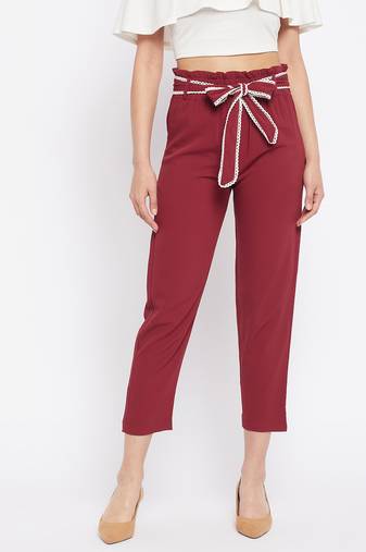 Winered women maroon trouser with lace belt