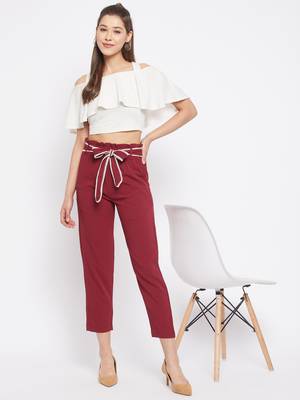 Winered women maroon trouser with lace belt 2