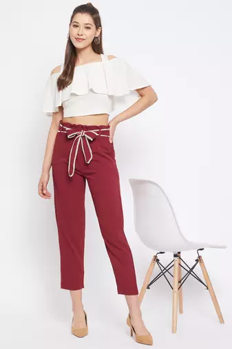 Winered women maroon trouser with lace belt