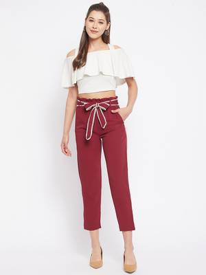 Winered women maroon trouser with lace belt 3