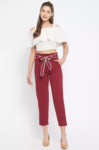 Winered women maroon trouser with lace belt