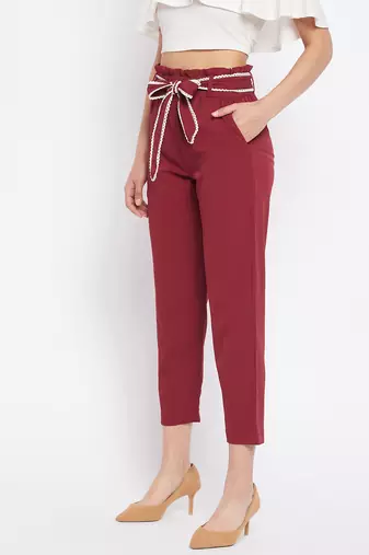 Winered women maroon trouser with lace belt