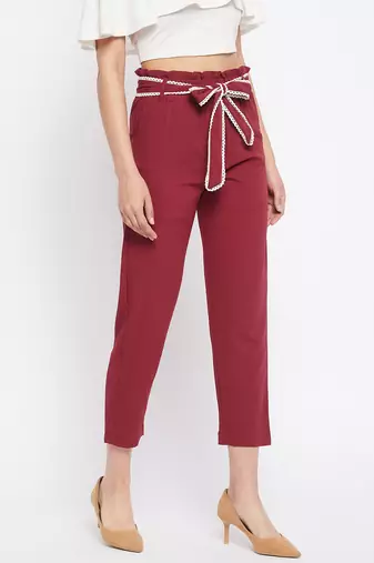 Winered women maroon trouser with lace belt